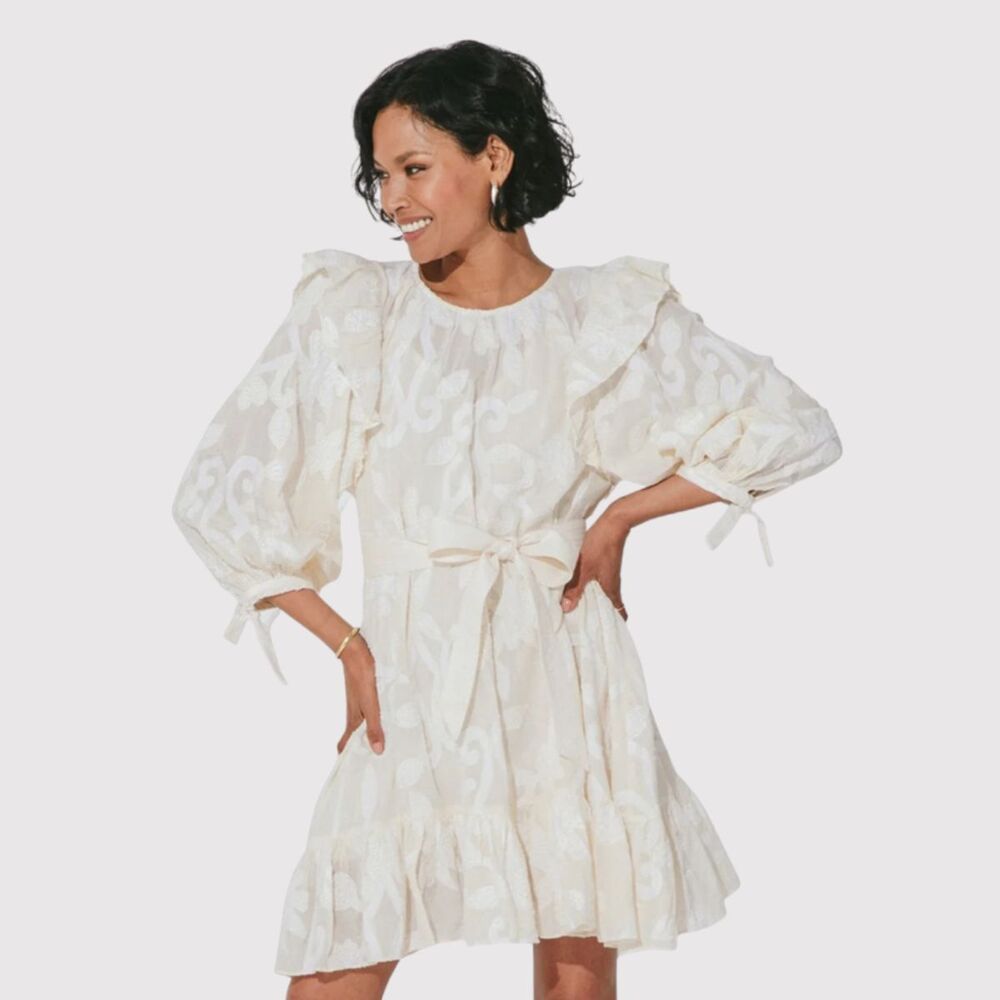 Cleobella Mini Dress Beige Alana Organic Cotton Ruffle Puffed Flowy Coquette XL